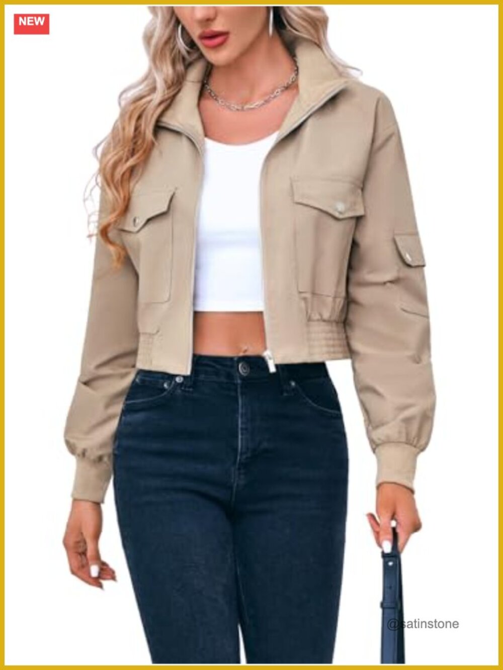 Women's Cropped Bomber Jacket Lightweight Zip Up Short Coat Casual